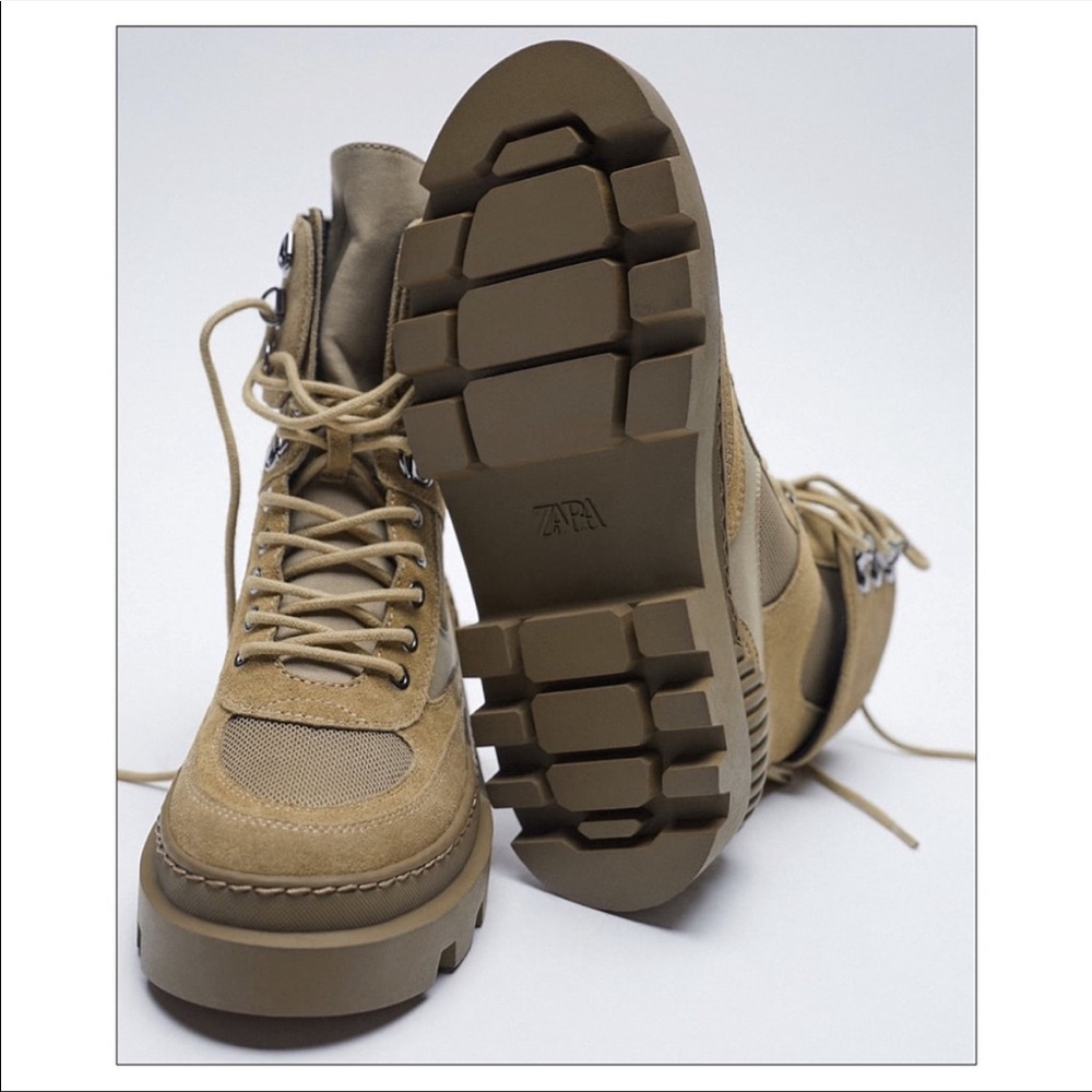 ZARA Laced Split Leather Low Heel Ankle Boots in Khaki Size 8 NWT - Picture 5 of 7